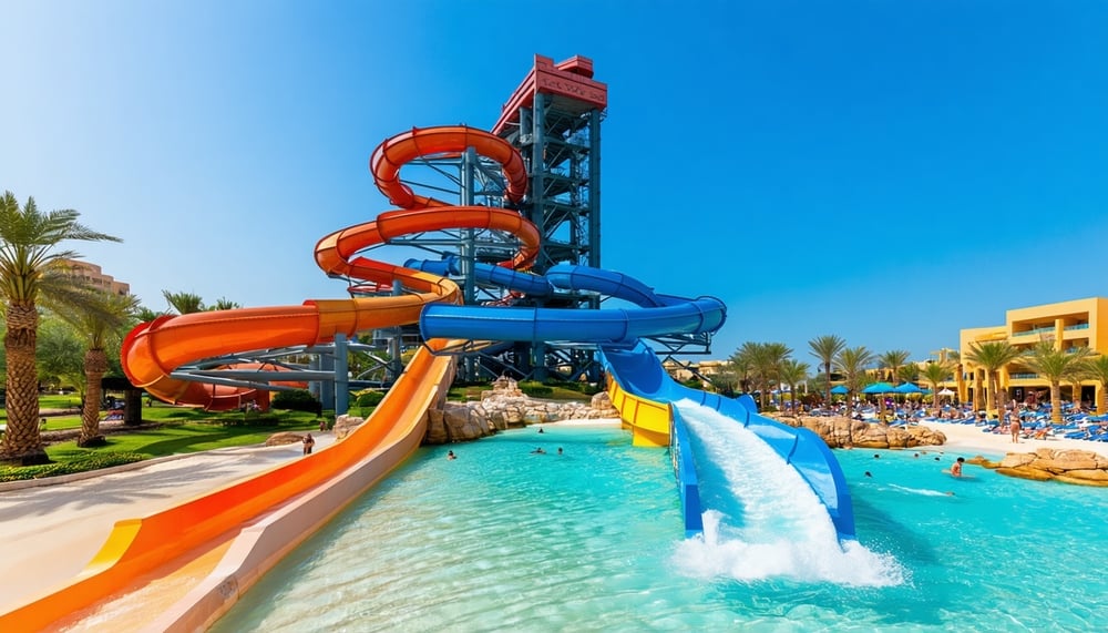 A vibrant view of Aquaventure World Dubai's iconic water slides and beach A vibrant view of Aquaventure World Dubai's iconic water slides and beach